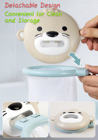 Rinnland Otter Bath Toy, Otter Family Tub Toy Bathtub Floating Toy for Kids - Soft Vinyl and ABS Plastic Material - No Hole One-Piece Design (Otter Playset + Baketball Hoop + Fishing Net + 2 Balls)