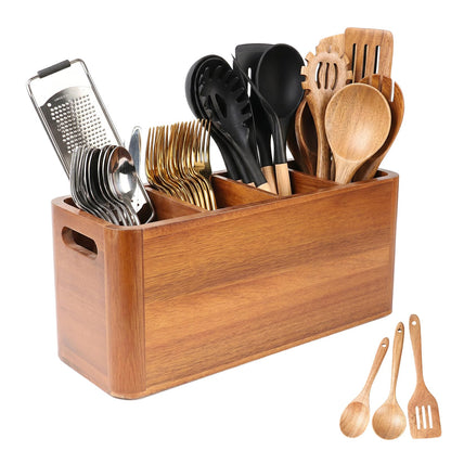 powerful xishan Kitchen Utensil Holder for Countertop, Extra Large Acacia Wood Utensil Organizer, 4-Compartment Storage for Cooking Utensils, Silverware and Cutlery