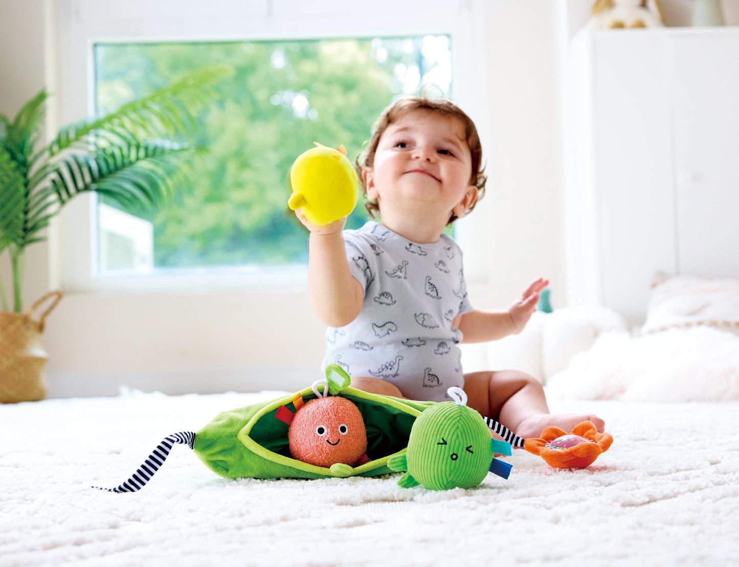 Hape Pea Pod Pals Sensory Baby Toy - 3 Textured Plush Peas with Sounds, Crinkle & Rattle, Stroller & Car Seat Travel Toy for Fine Motor Skills, Multi-Sensory Development for Babies 6 Months+