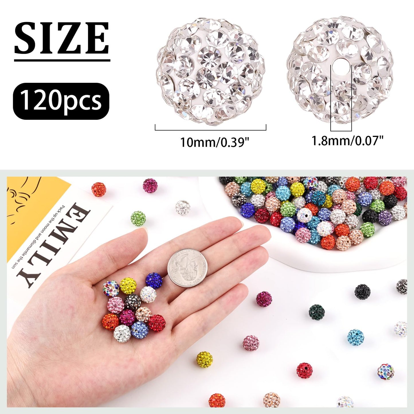 120 pcs 10mm Rhinestone Beads for Jewelry Making, 12 Mixed Colors Shiny Round Shamballa Disco Ball Beads, Sparkle Crystal Clay Christmas for Bracelet Baseball Necklace Earring and DIY