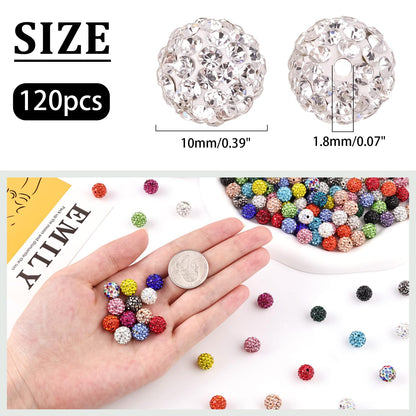 120 pcs 10mm Rhinestone Beads for Jewelry Making, 12 Mixed Colors Shiny Round Shamballa Disco Ball Beads, Sparkle Crystal Clay Christmas for Bracelet Baseball Necklace Earring and DIY