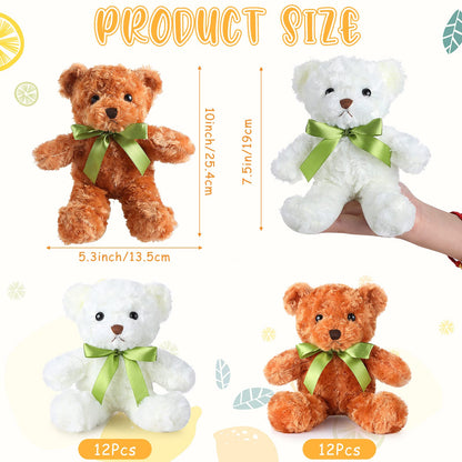 HyDren 24 Pcs Bear Bulk Plush Stuffed Animals 10 Inch Cute Soft Stuffed Bear with Green Bow for Kids Mother Birthday Gift Holiday Party Baby Shower Valentine Christmas(Light Brown, White)