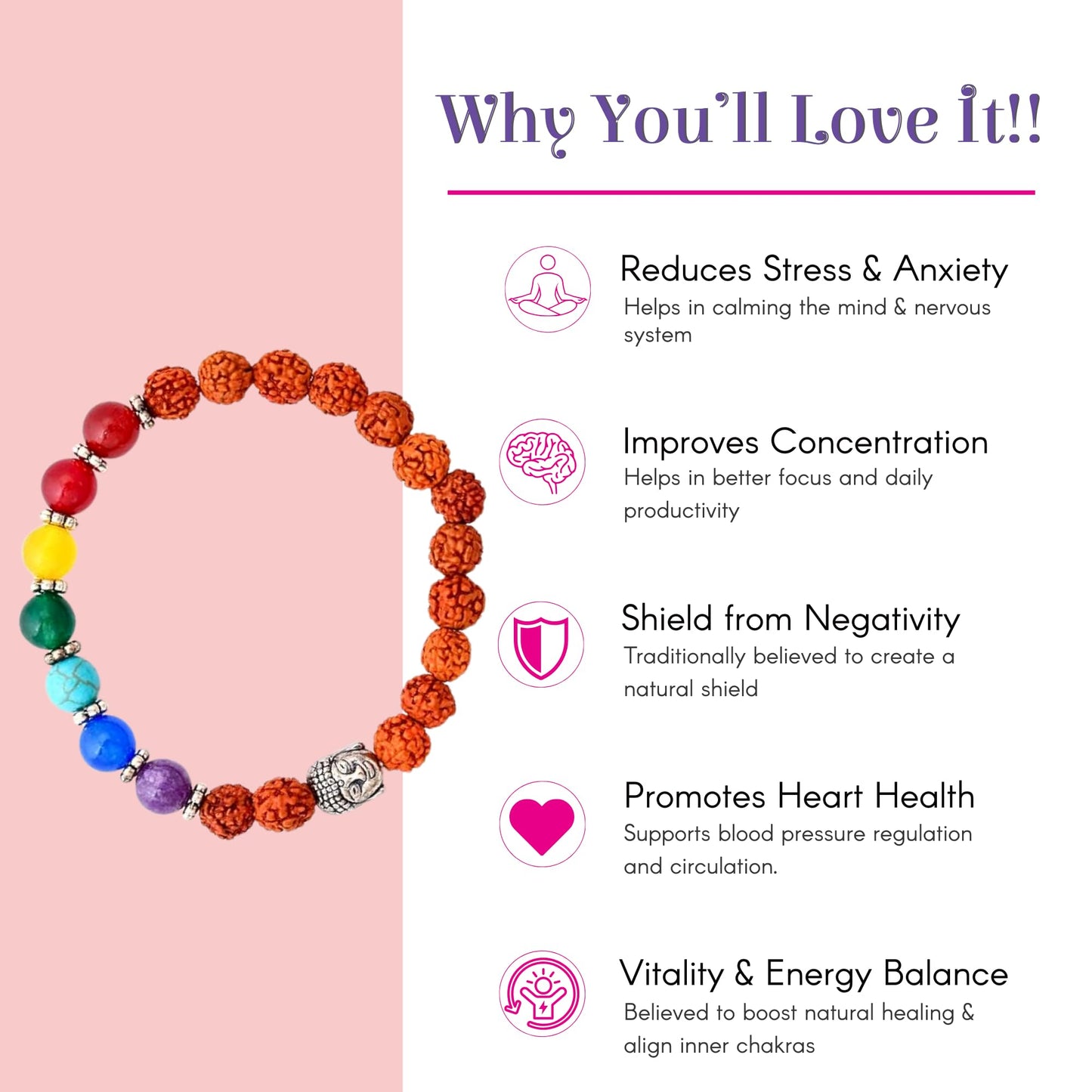 LOVENSPIRE 7 Chakra Rudraksha Bracelet with Buddha Head Natural Crystal Healing Stone Beaded Stretch Bracelet for Yoga Meditation Prayer Jewelry Gift for Men Women