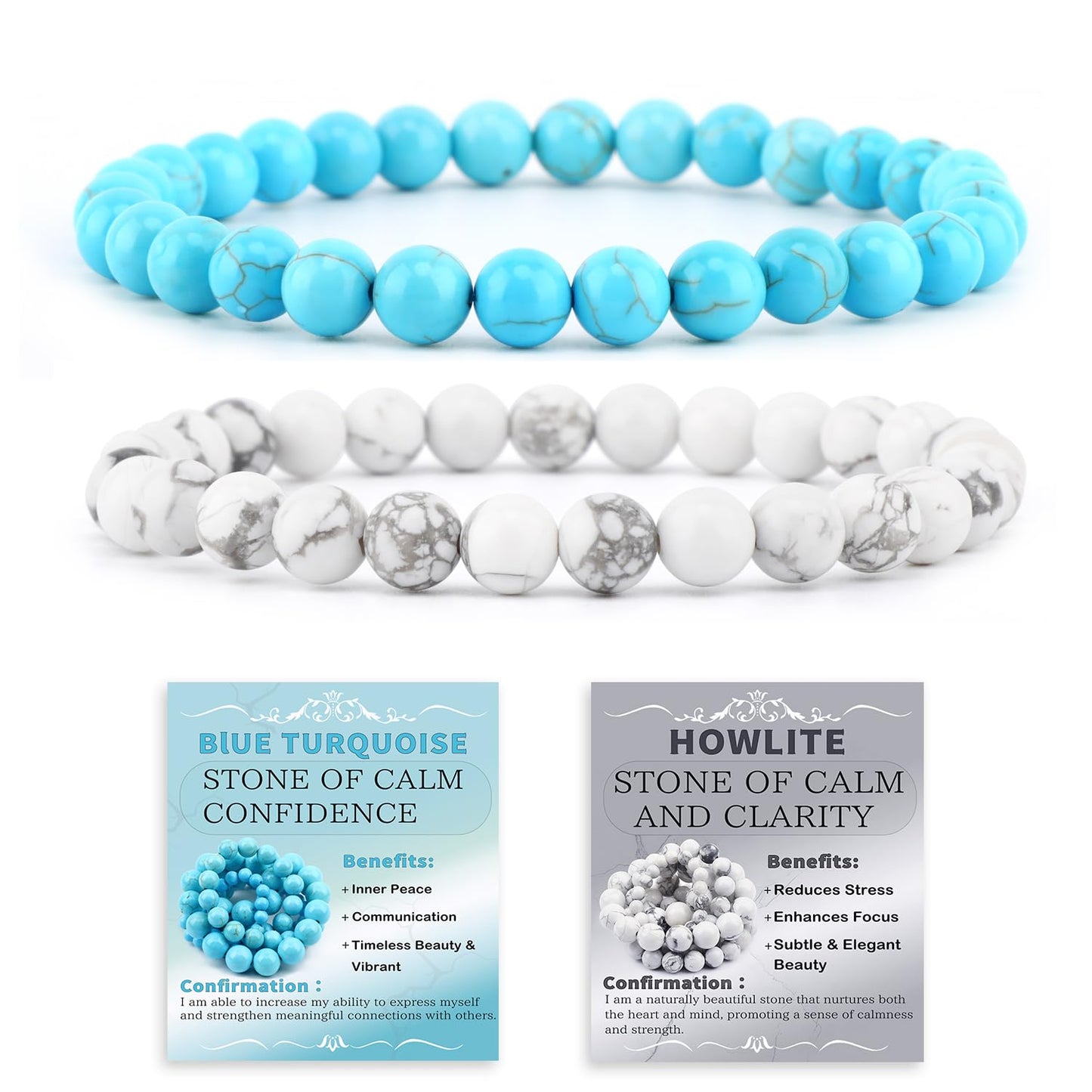 NCB 2-Piece 6mm Natural Crystal Gemstone Stretch Bracelets – ﻿Blue Turquoise, Howlite Handmade Reiki Energy Healing Jewelry for Meditation,Yoga, Unisex