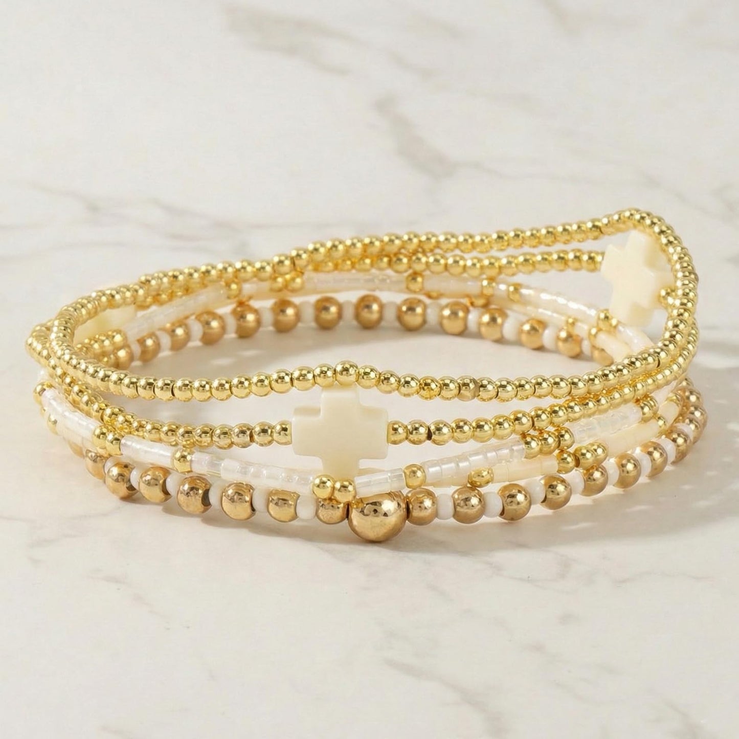 Bohxantium Gold Beaded Stretch Bracelets Stack for Women - 14k Gold Stackable Elastic Cross Bracelet, White Waterproof Stretchy Seed Beads Jewelry Christian Faith Friendship Summer Beach Mothers Day Gifts