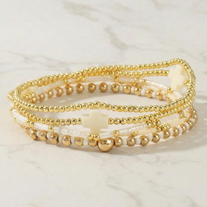 Bohxantium Gold Beaded Stretch Bracelets Stack for Women - 14k Gold Stackable Elastic Cross Bracelet, White Waterproof Stretchy Seed Beads Jewelry Christian Faith Friendship Summer Beach Mothers Day Gifts