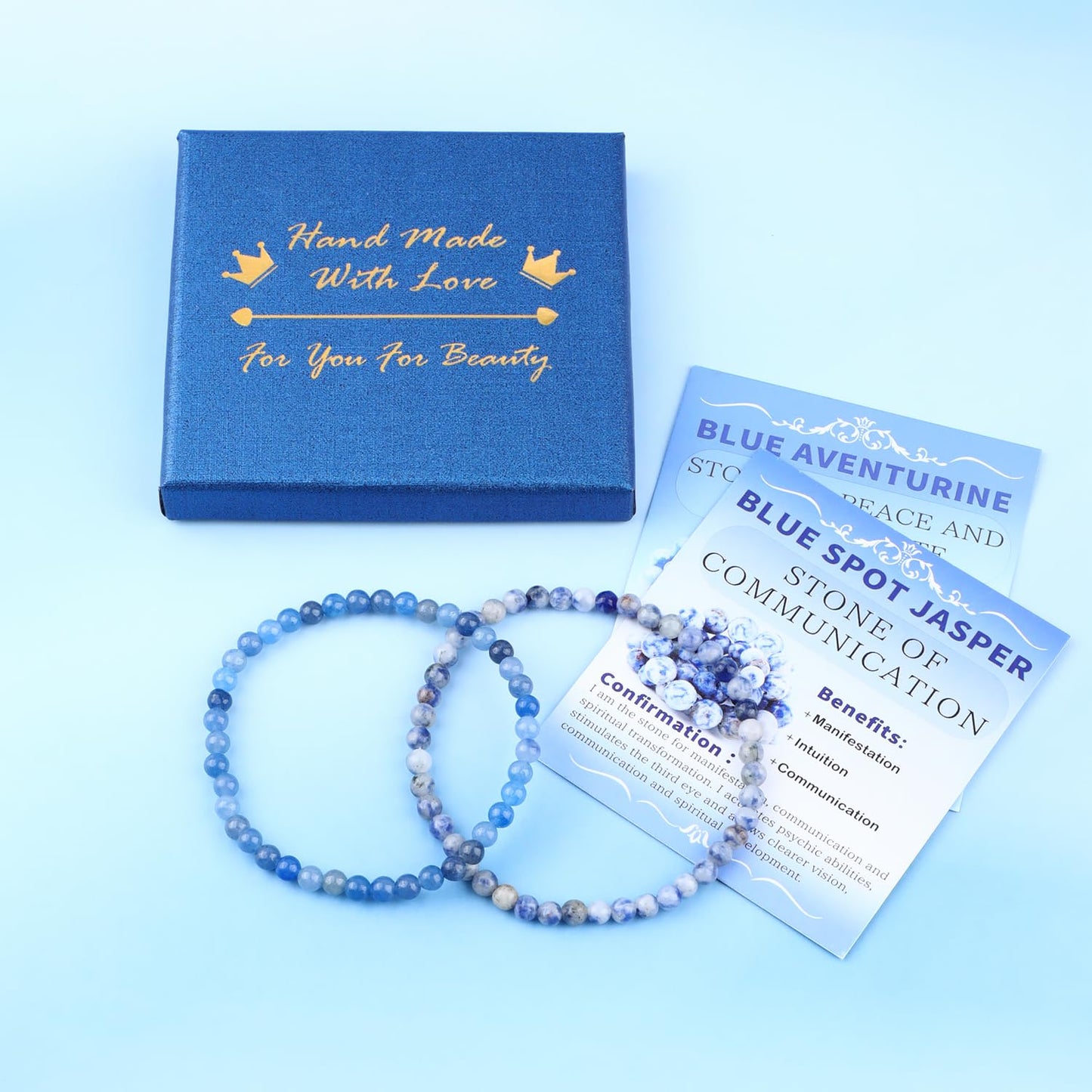 NCB 2-Piece 4mm Natural Crystal Gemstone Stretch Bracelets – ﻿Blue Aventurine, Blue Spot Handmade Reiki Energy Healing Jewelry for Meditation,Yoga, Unisex