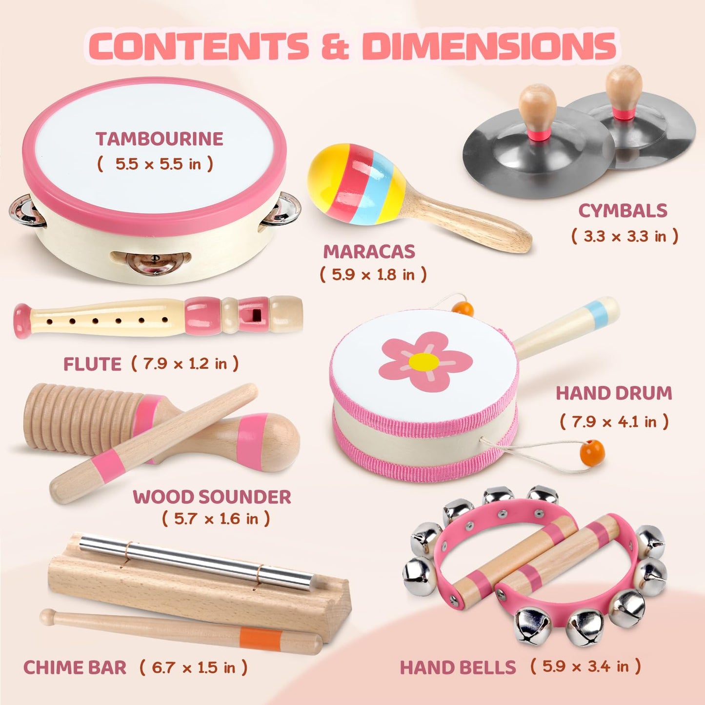 Baby Musical Instruments - Montessori Musical Toys for Toddlers 1-3, Wooden Percussion Instruments Set, Kids Preschool Educational Music Learning Toys, Birthday Gifts for Boys Girls (Pink)