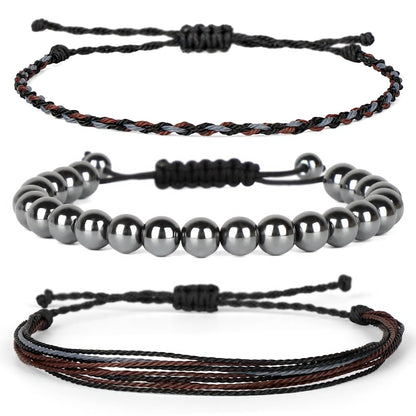 QOGIR Handmade Healing Bracelets,8mm Natural Hematite Gem Stone Beads Bracelet,for Men Women Gifts with 2PCS Size Adjustable Rope Bracelets
