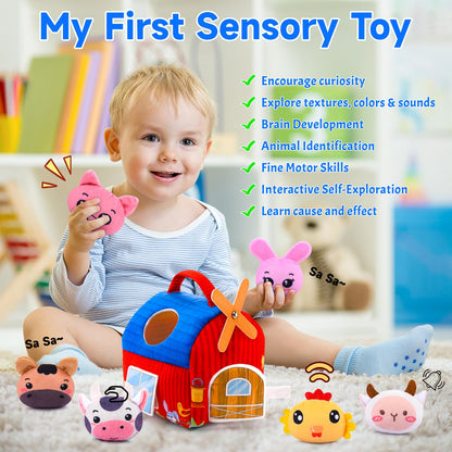 Baby Toys 6-12 Months - Soft Barn with Stuffed Farm Animals, Rattles, Textures, Mirror, Play mat - Toddler Toys Sensory Toy Montessori Toy for Babies 6-12 Months, 1 Year Old Boys Girls Baby Gifts
