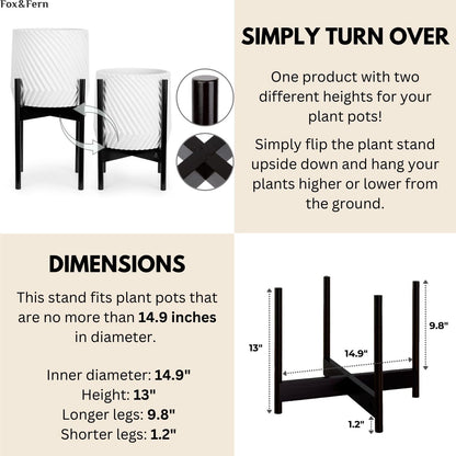 Fox & Fern Bamboo Plant Stand — 14.9 Inch Fixed Size Wooden Mid Century Planter Stand for Indoor Planters (Not Included); Extra Large Flower Pot Holder for Indoor Big Pots; Plug In Design; Dark Bamboo