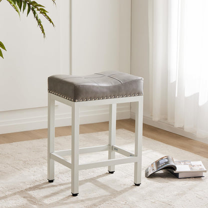 DUMOS Saddle Bar Stools Set of 2, 24 Inch Counter Height Stools with Curved PU Leather Surface, 3.7" Thick Upholstery Bar Height Stools with Footrest for Kitchen Island, Dining, Cafe, Gray