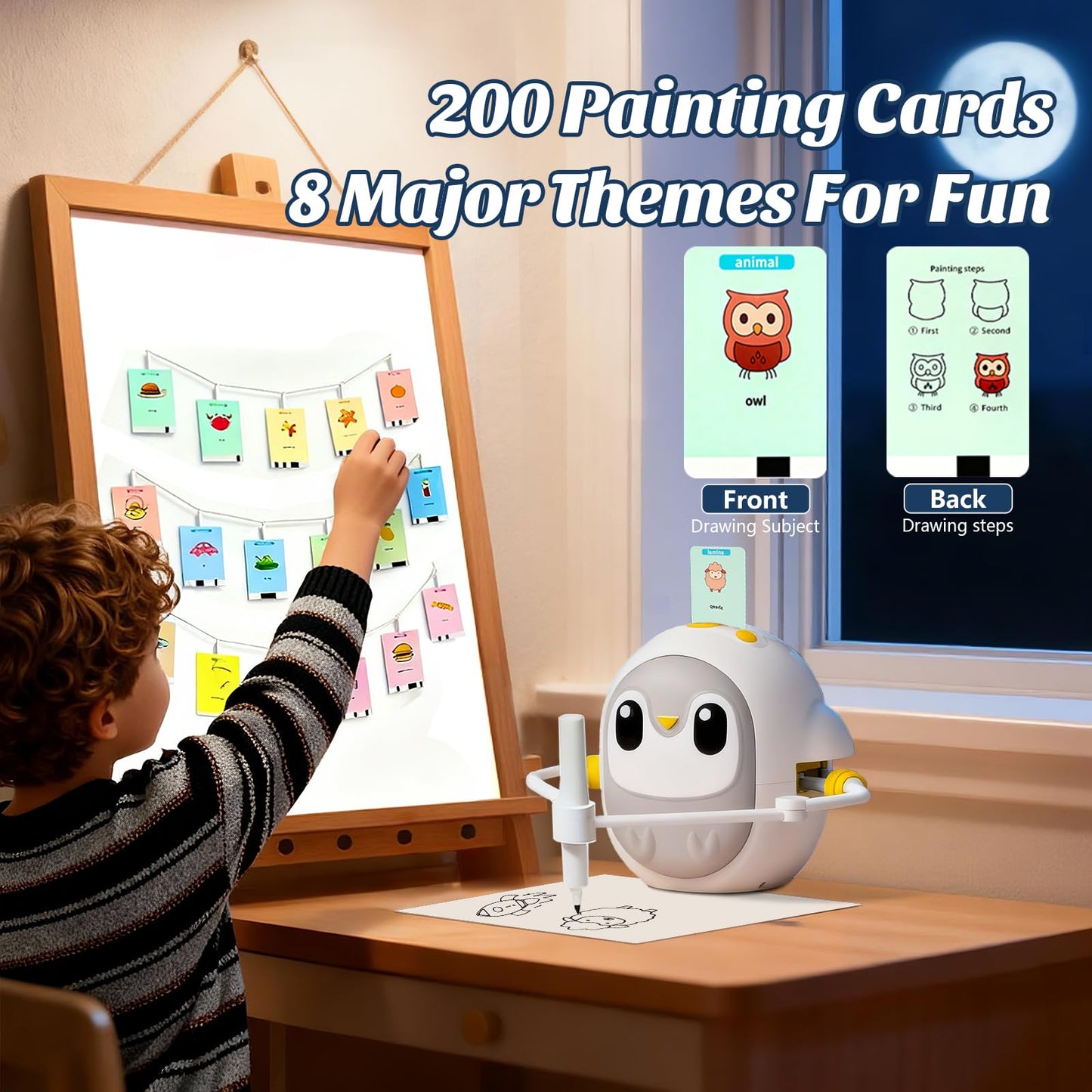 GMYGBY Drawing Robot for Kids, Montessori Learning Drawing Machine with 200 Cards, Smart Educational Painting Toy for 3 4 5 6 7 8 Year Old Boys Girls Birthday Party Gift- (Penguin)