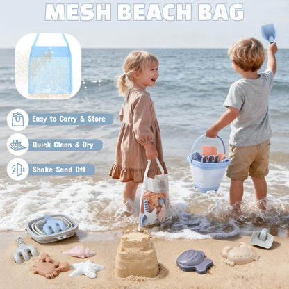 Dreamon 3 Pack Beach Toys Set for Kids 3-10, Collapsible Sand Buckets with Beach Molds and Mesh Bag, Sandbox Travel Toys Beach Vacation Essentials, Camping Gear, Fishing (Blue/Grey/Orange)