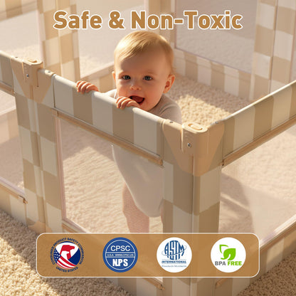 Tiny Marvels Baby Playpen, 50 x 50 in Play Pen for Babies and Toddlers, Foldable Baby Playpen, Play Yard for Infants with Breathable Mesh, Playard with Gate (Sand Checks,Mat not Included)