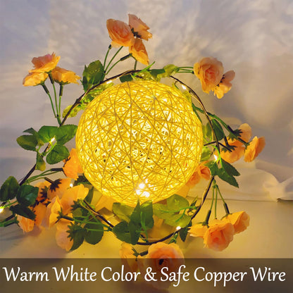 Fielegen Artificial Flower Garland with 20 LED String Lights, 6FT Hanging Rose Flower Vine Garland Decorations for Garden Wedding Flower Table Decor Birthday Party Indoor Bedroom Wall Room