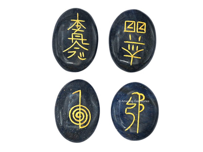Amazing Gemstone Blue Aventurine Crystal Reiki Stones with Engraved Symbols for Usui Reiki Healing, Set of 4 Pcs (Indian Handmade Reiki Gift Set)