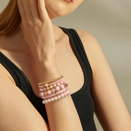 Raicegs 6PCS Beaded Bracelet 14K Gold Pearl Stretch Bracelet Stackable Crystal Beads Bracelets Boho Trendy Jewelry Gift for Women