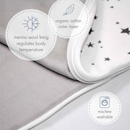 Woolino Ultimate Baby Sleep Sack – 4 Season Merino Wool Sleeping Bag, Organic Cotton Outer, Temp Regulating Blanket, Adjustable Sleep Sack Universal Size 2–24 Months - Night Sky
