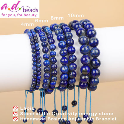 AD Beads 4mm Lapis Bracelet - Stone of the Creativity energy stone - Handmade Natural Stone Crystal Bracelet with Adjustable Macrame String - Yoga Healing Power Energy Gifts for Men and Women