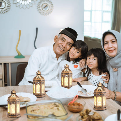 Retisee 4 Pcs 7" Ramadan Large Eid Mubarak Lantern Moon Star Hanging LED Lantern for Home Patio Table Wedding Centerpiece Festival Decoration (4 Styles,Bronze Gold)