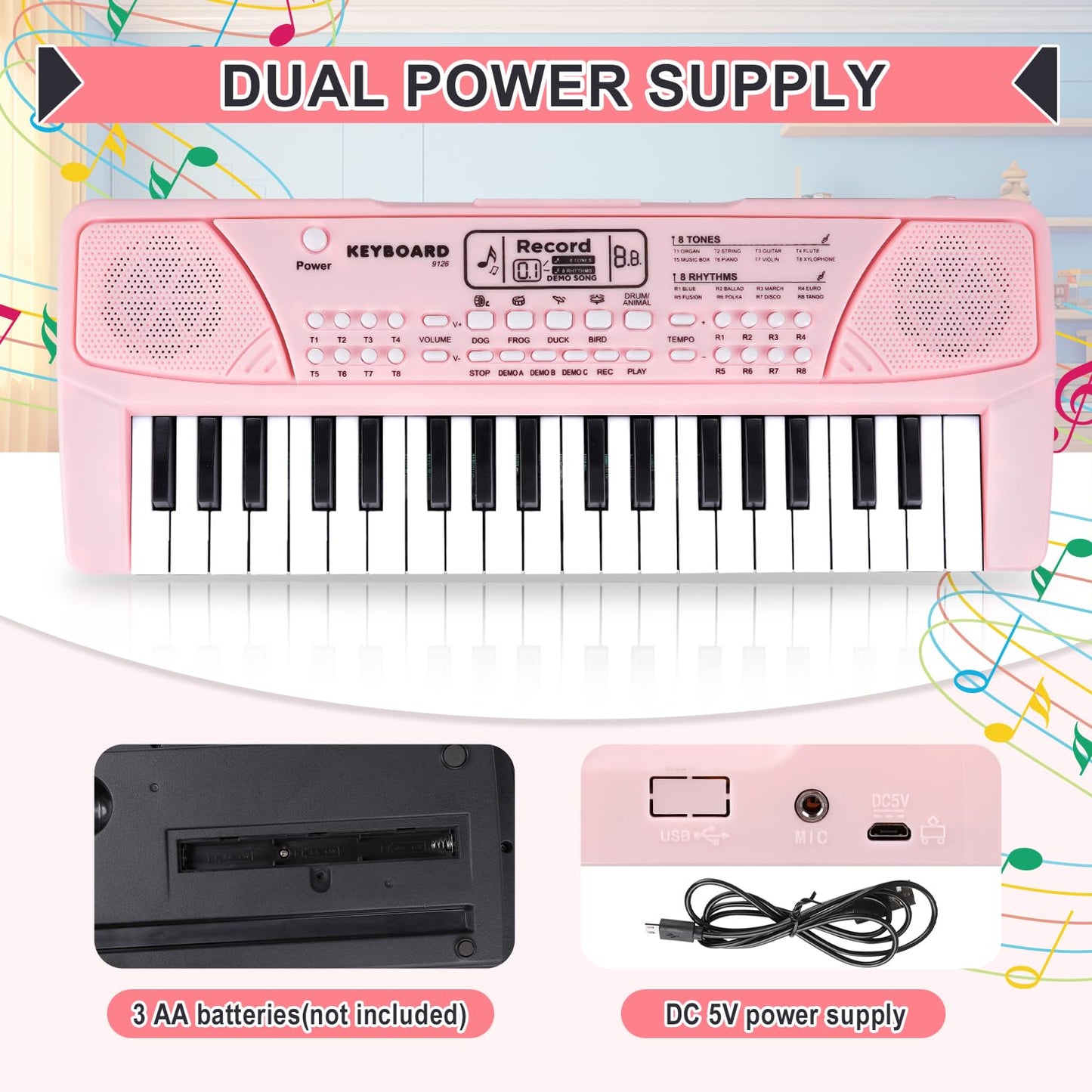M SANMERSEN Upgraded 37 Key Kids Piano Keyboard with Microphone Music Toys for 3 4 5 6 Year Old Girls Gifts, Pink