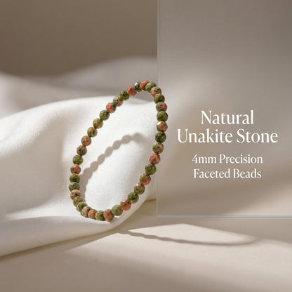 Angelstones Natural Unakite Gemstone Small Beaded Stretch Bracelet, 4mm Faceted Round Beads, Crystal Healing Bracelet for Women