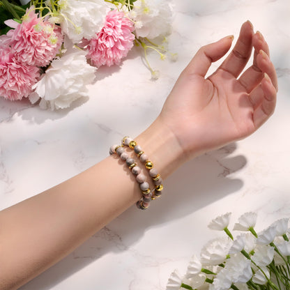 Bivei Natural Gemstone Semi Precious Crystals Handmade Stretchy Round Beads Bracelet, Enhance Positive Energy,Stocking Stuffers for Women(Gold Tone Pink Jasper & Sakura Agate(Love) Medium)