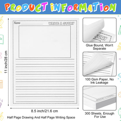 300 Sheets Writing Beginner Paper for Kids Create Story, 8.5"x11" Handwriting Paper Bulk with Picture Space and Lines DIY Craft Writing Kit for Kids Journal Activity, Easter Gifts