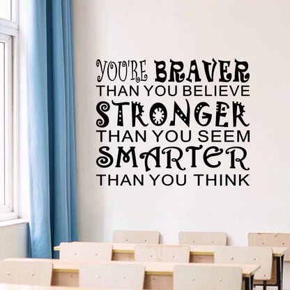 Kids Quotes Wall Stickers for Classroom: Girls Boys Teen Motivational Positive Inspirational Vinyl Art Wall Decals for Playroom School Bedroom - You're Braver Than You Believe Stronger 18" X 15"