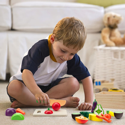 GOPLACS Wooden Play Food Sets for Kids Kitchen - Cutting Fruits and Veggies Toddler Toys Pretend Food Play Kitchen Accessories Montessori Educational Toys Gifts for Kids Boys Girls 3+
