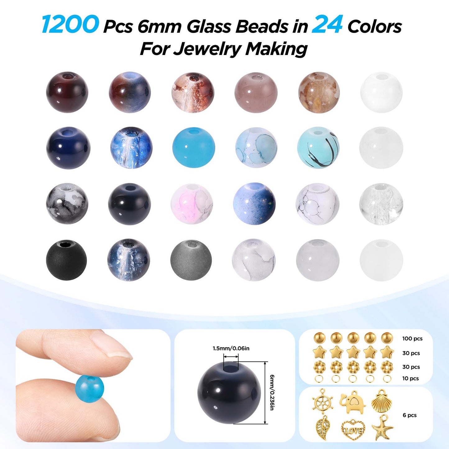 Funtopia Glass Beads for Jewelry Making, 1377pcs Neutral Tones Bracelet Making Kit, 24 Colors 6mm Round Glass Beads, Marble Loose Beads and Gold Spacer Beads, DIY Crafts Gifts for Women Men
