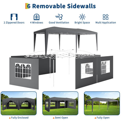 10x20 Pop Up Canopy Tent with 6 Removable Sidewalls, Heavy Duty Easy Up Commercial Party Tent with 3 Adjustable Heights, Waterproof Outdoor Canopy for Events, Wedding & Market, Includes 18 Stakes and