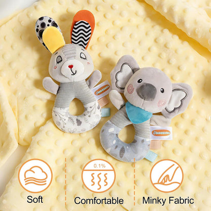 Sensory Shaker Rattle for Babies 0-6 Months, Infant Developmental Toys with High Contrast Patterns, Soft Plush Rabbit & Textured Ring for Auditory Visual Tactile Learning