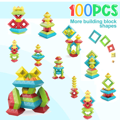 100Pcs Montessori Toys for Ages 1-3 2-5 Toddlers Kids Baby,Pyramid Stacking Building Toys,3D Preschool Learning Blocks for Kids,STEM Sensory Toy Gifts for 2-4 Year Old Boy Girl,Big Plastic Storage Box