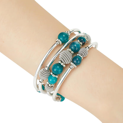 PEARL&CLUB Beaded Chakra Bangle Turquoise Bracelet - Fashion Jewelry Wrap Bracelet with Thick Silver Metal and Mala Beads, Birthday Gifts For Women(Sea green)