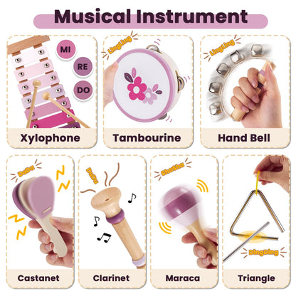 BUYGER Baby Musical Instruments with Xylophone, Wooden Percussion Instruments Sets with Storage Bag, Montessori Educational Gifts for 1 2 3 Years Old Boys Girls Kids Toddlers