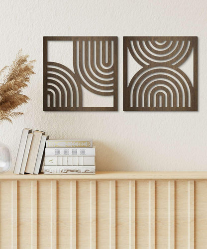 Putuo Decor Geometric Abstract Wall Art Set of 2, Modern Square Wooden Modern Arched Wall Decor for Living Room Bedroom Entryway, Minimalist Brown Wall Sculpture