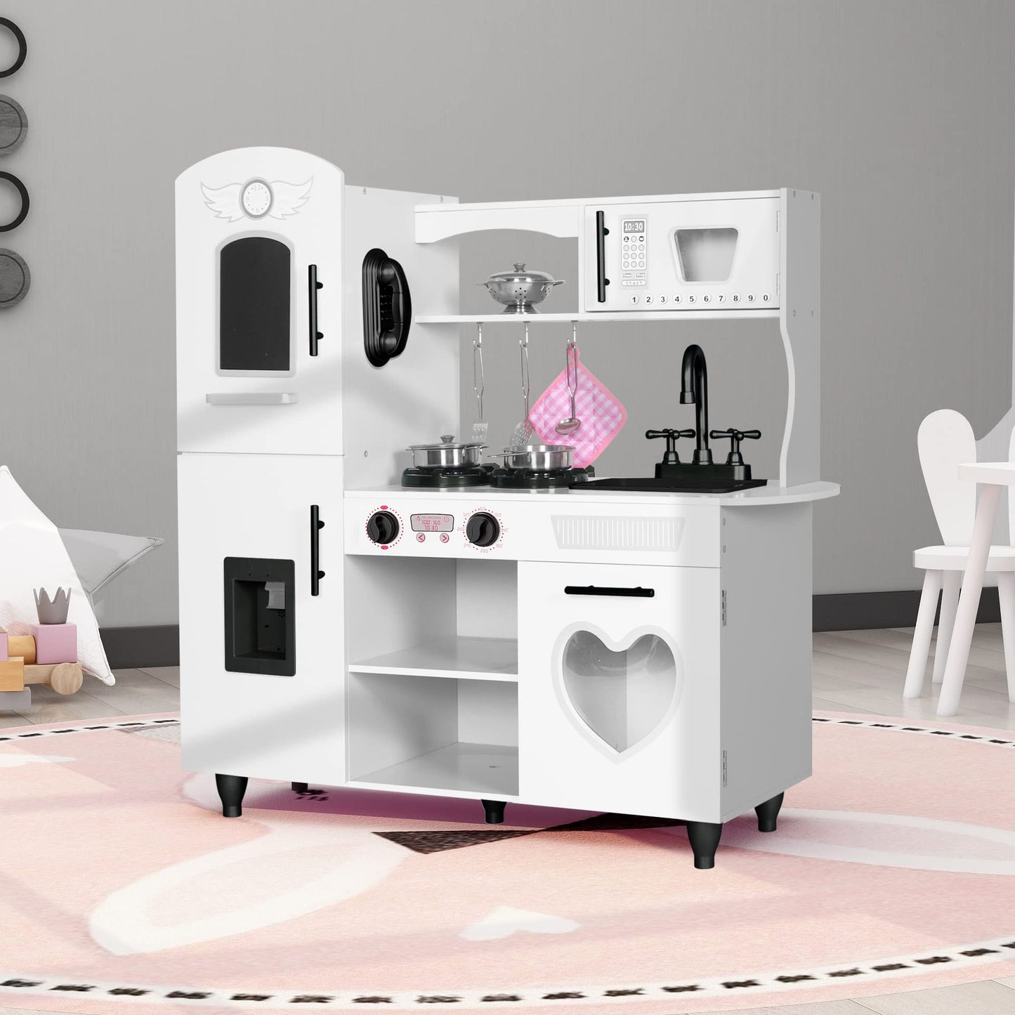 TaoHFE Wooden Kitchen Playset for Toddlers - Kitchen Toy Set with Lights & Sounds for Pretend Play, Gift for Kids Age 3+ (White)