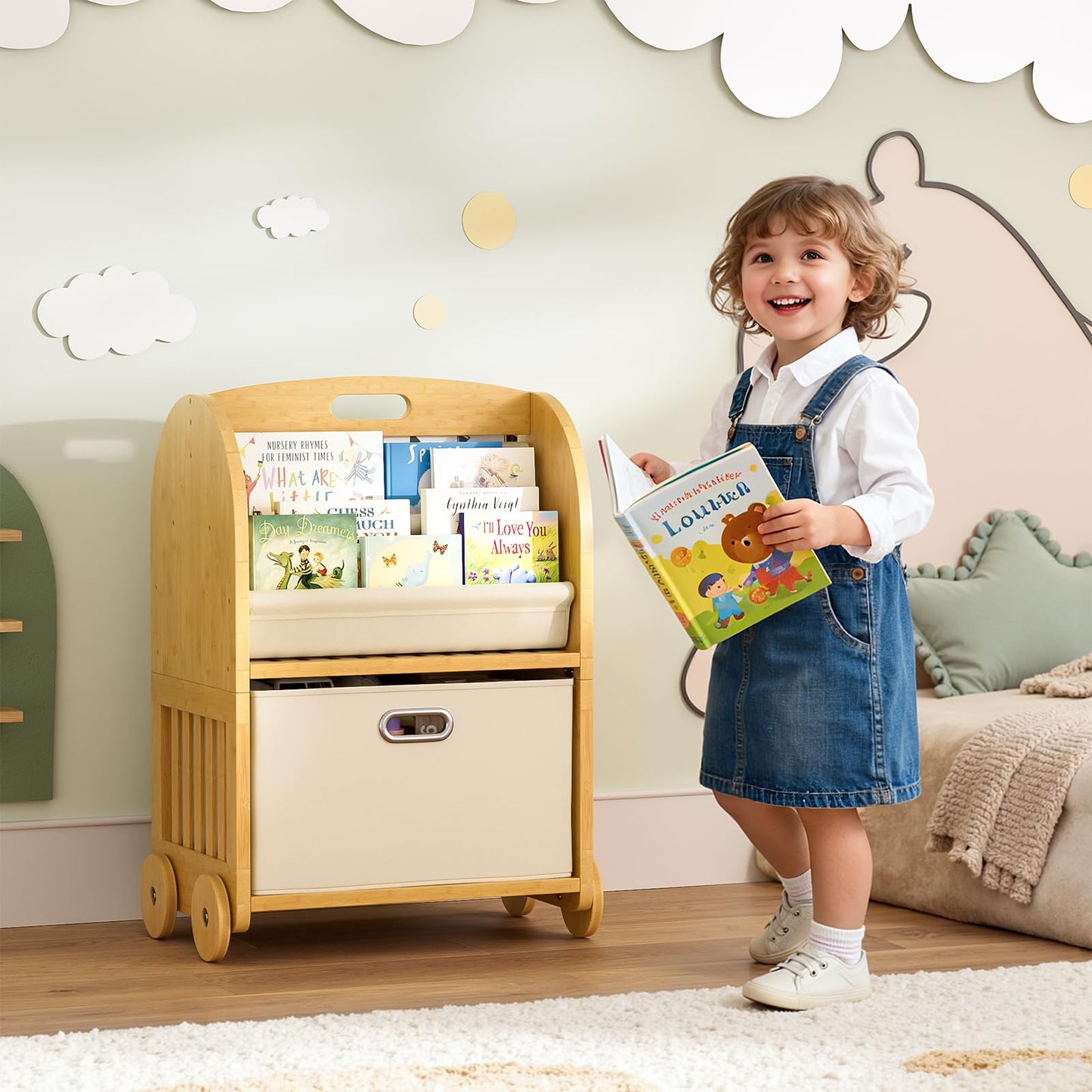 EZ2LIVE 2-Sided, 3-Tier Bamboo Kids Bookshelf, Montessori Shelf with Safe Wheels and Large Storage Drawer, Toddler Bookcase Nursery Book Shelves and Toy Storage for Baby Rooms Playroom Kindergarten