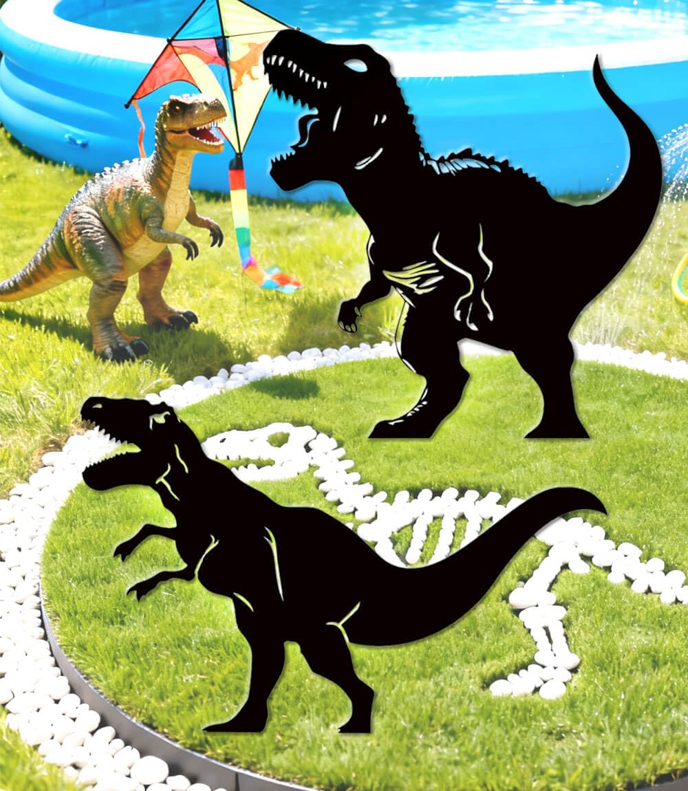 Large 14.56" Metal Garden Decor, 2 Pack Weather-Proof Dinosaur Statue, Dino Silhouette Garden Sculptures & Statues Stakes for Outdoor Lawn, Patio, Flower Beds, Ideal Gardening & Country Gifts