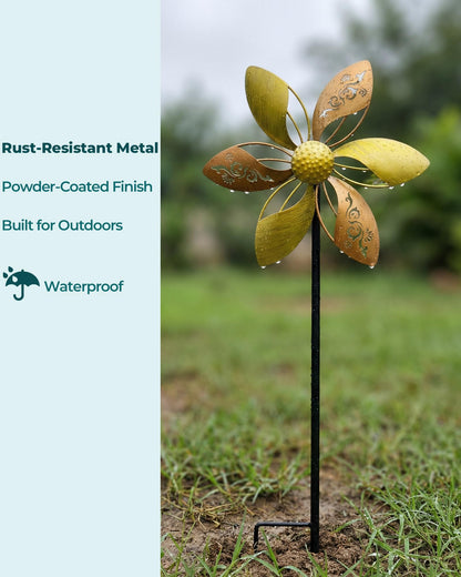 Gronhof 37" Metal Wind Spinner for Yard & Garden, 10" Kinetic Outdoor Garden Spinner, Rust-Resistant Decorative Yard Art (Gold Ornate Laser-Cut Floral)