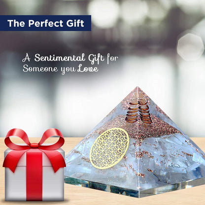 Orgone Selenite Crystal Pyramid with Flower of Life –for Chakra Healing and Spiritual Protection from E-emission and Negative Energy