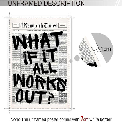 Drimiler Retro Black And White Newspaper Poster What If It All Works Out Canvas Wall Art Positive Affirming Quote Minimalist Prints Painting For Home Bedroom Dorm Wall Decor 8x12in Unframed