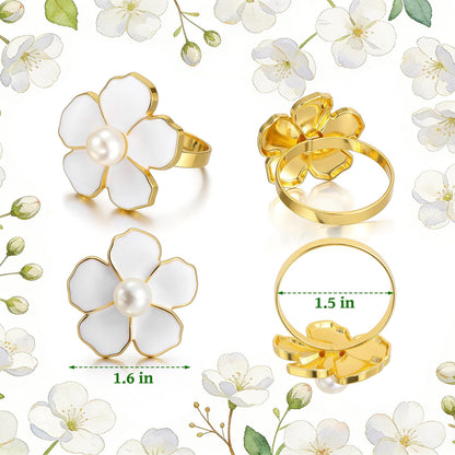 BEAVOING White Flower Napkin Rings Set of 12, Holiday Gold Peal Napkin Ring Holders for Dinner Setting Decoration, Wedding, Baby Shower,Easter, Thanksgiving, Christmas, Party