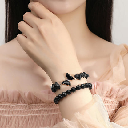 DUQGUHO 2Pcs Black Butterfly Bracelets for Women Obsidian Bracelets Gifts for Women Healing Crystal Bracelet Natural Gemstone Stretchable Jewelry 8mm Black Crystal Beaded Bracelet Gift for Birthday
