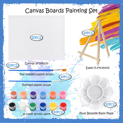 10 Set Canvas Painting Kit, 8 x 10In Canvas Boards with Easels, 12 Color Acrylic Paints, Brushes, Palettes, Art Supplies for Beginners – Paint and Sip Kit for Adults, Couples Painting Kit Date Night