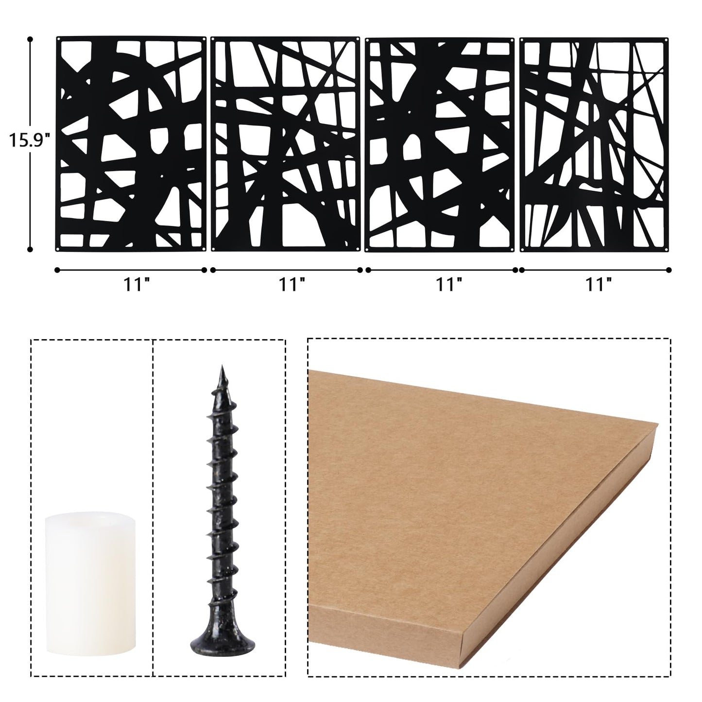 Bdor Decorative Metal Panels, Set of 4, 10.98" x 15.94", Modern Geometric Design, Black Metal Wall Art, Room Dividers, Architectural Elements for Home and Office Décor
