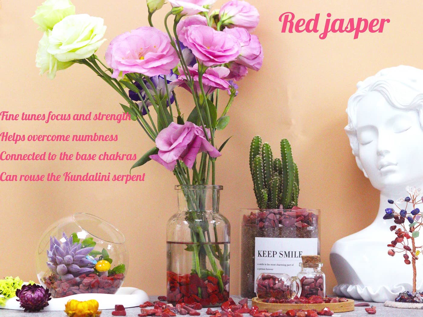 Red Jasper Aquarium Gravel Rocks Natural Tumbled Healing Crystal Chips Bulk Gemstones Tumbled Crushed Stones for Fountain Vase Filler Planters Decorative Fish Tank Potted Reiki Energy Balancing 0.44lb