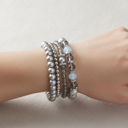 Heclia Beaded Stretch Bracelets Silver Stackable Crystal Beads Bracelets 5PCS Beaded Boho Stretch Bracelet Layering Crystal Stone Bead Bracelet Trendy Costume Jewelry Gifts for Women